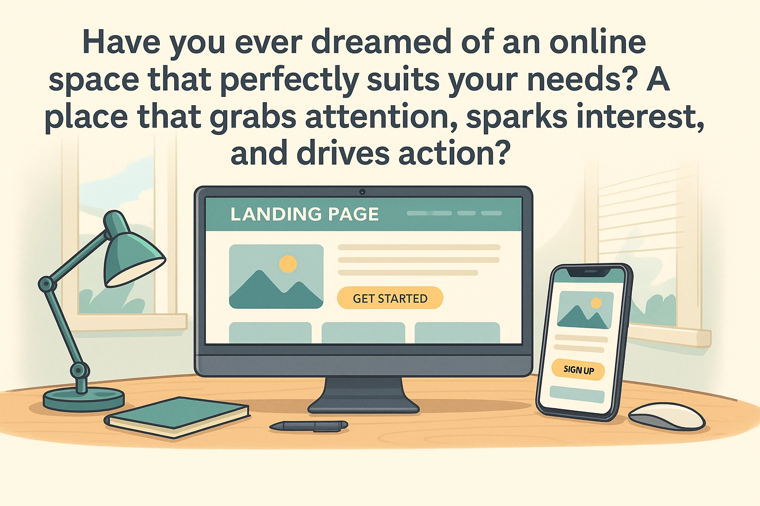 Illustration of responsive website on desktop and mobile.