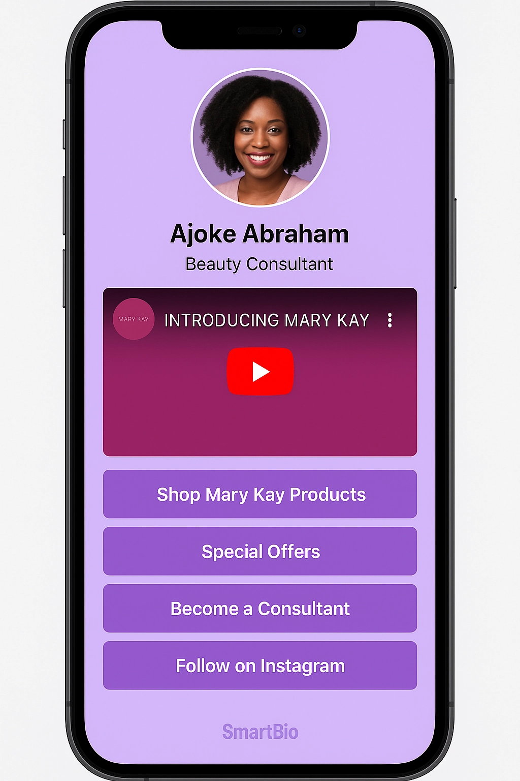 Beauty consultant profile with video and links.