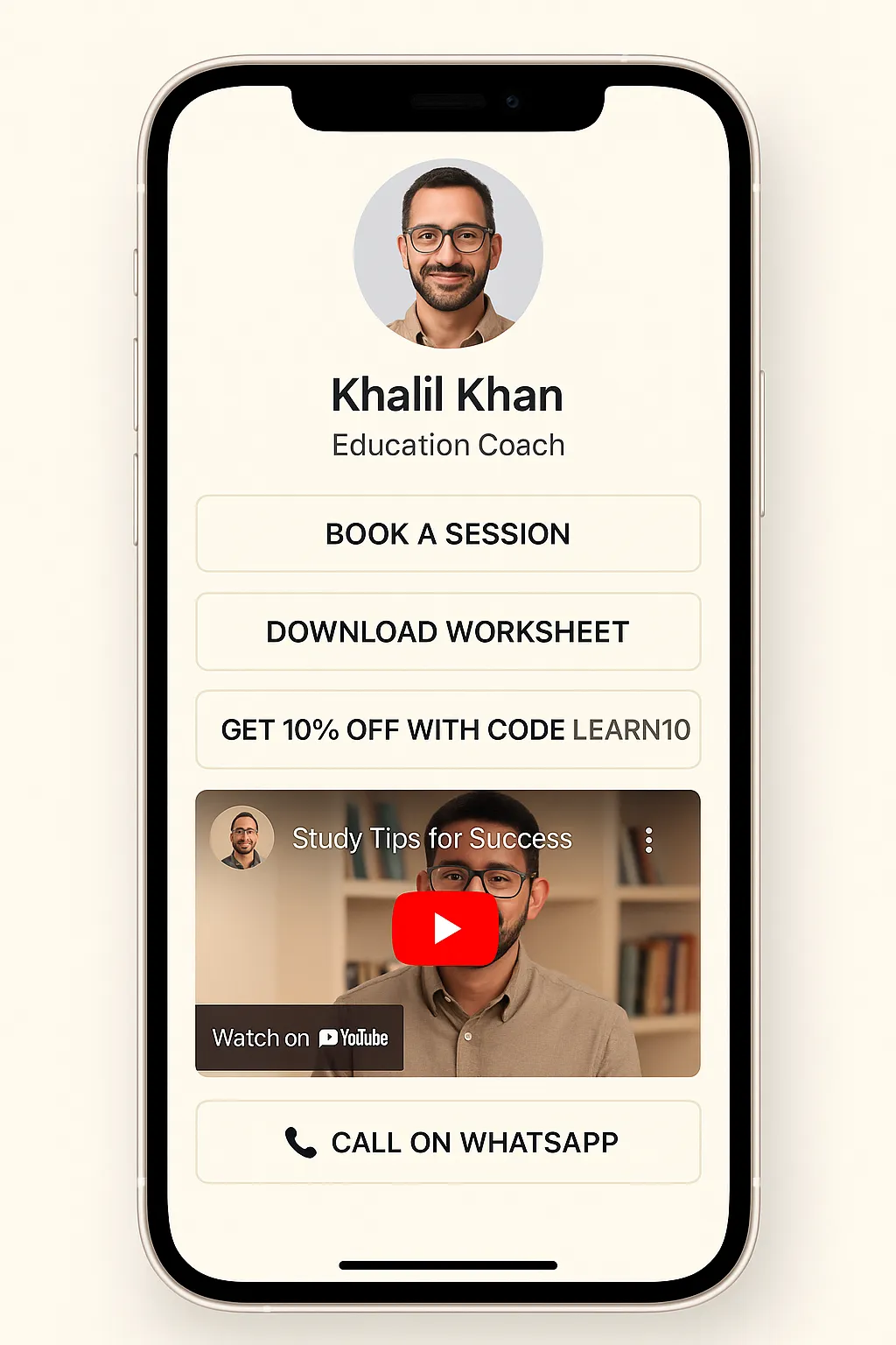 Mobile screen showing education coach's contact options.