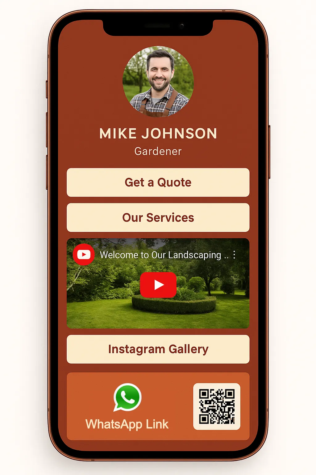 Gardener's contact info with services and video.