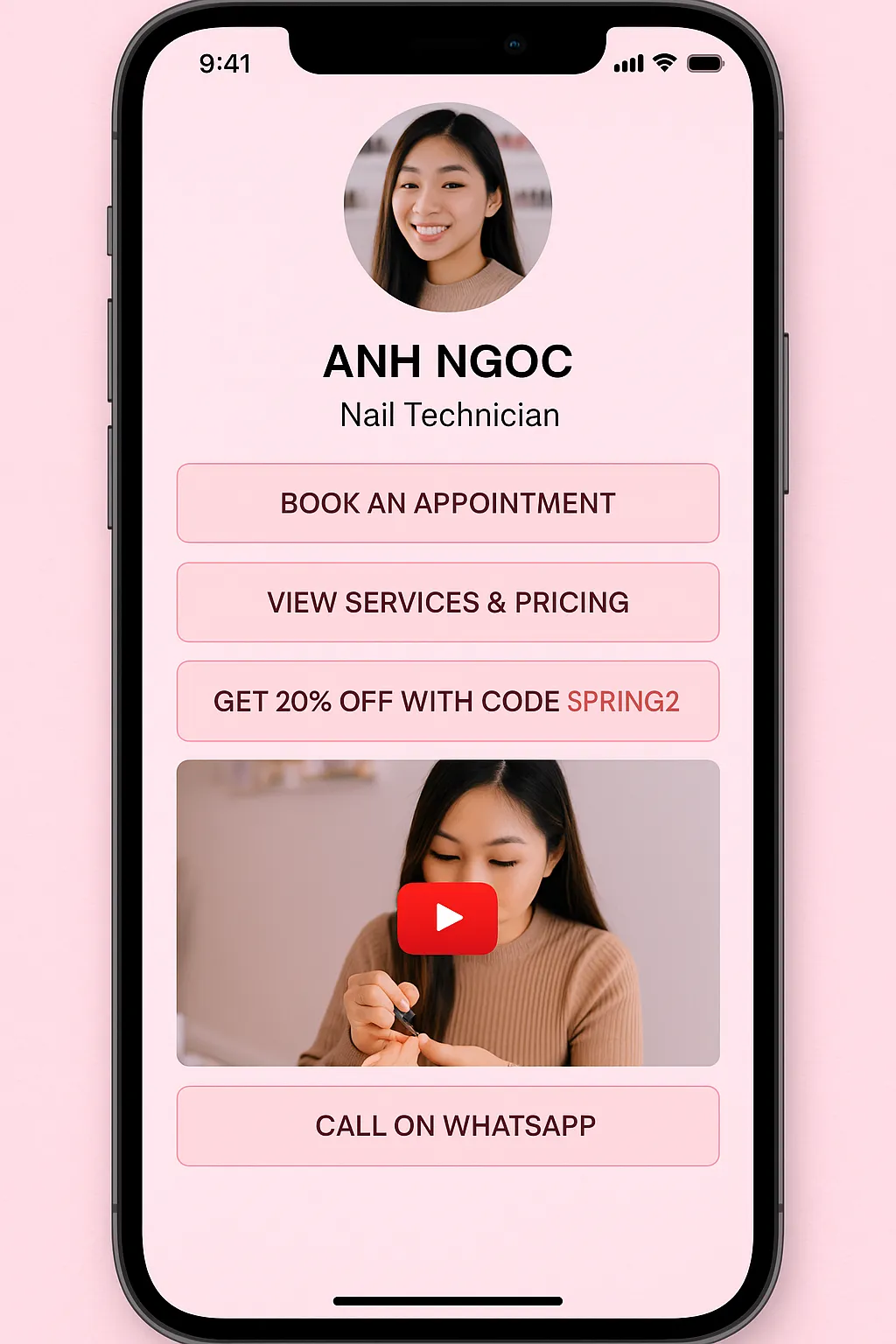 Mobile app interface for nail technician services.