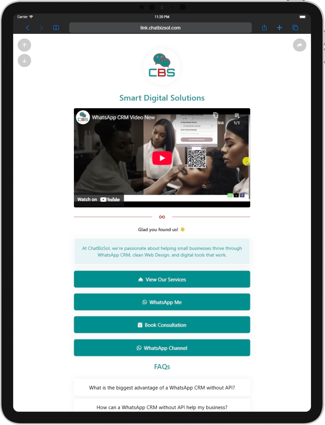 WhatsApp CRM and digital services webpage.