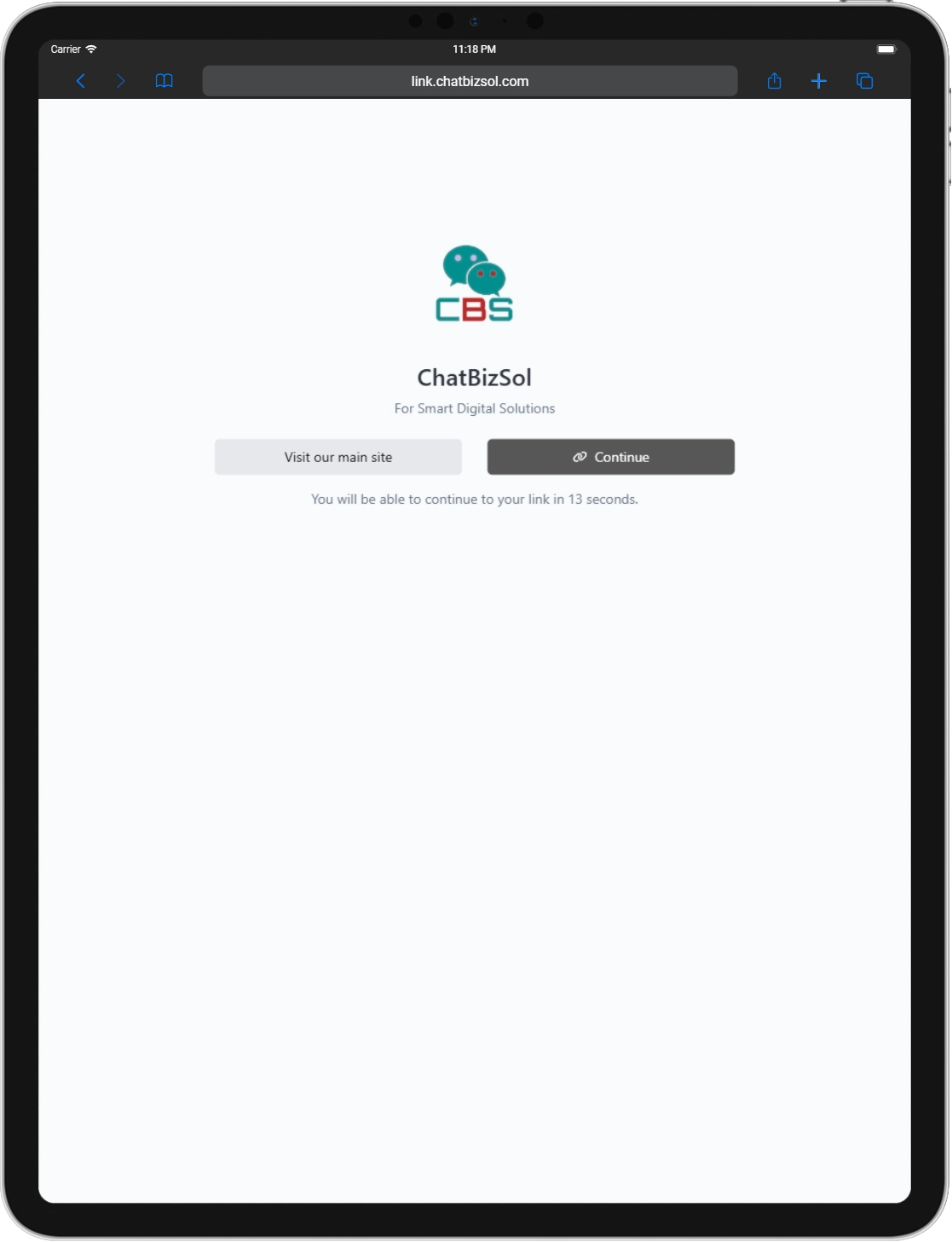 Tablet with ChatBizSol website countdown page.