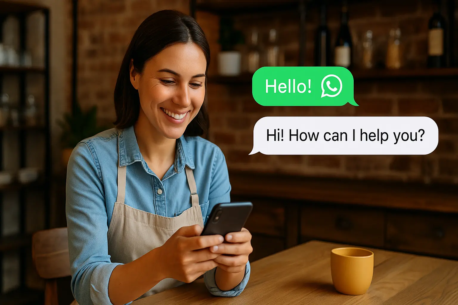 Woman messaging on phone in kitchen with coffee