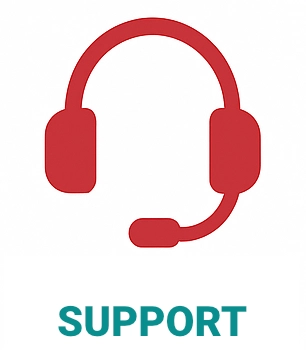 Red headset icon with support text below.