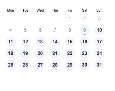 October 2023 calendar with the 9th highlighted.