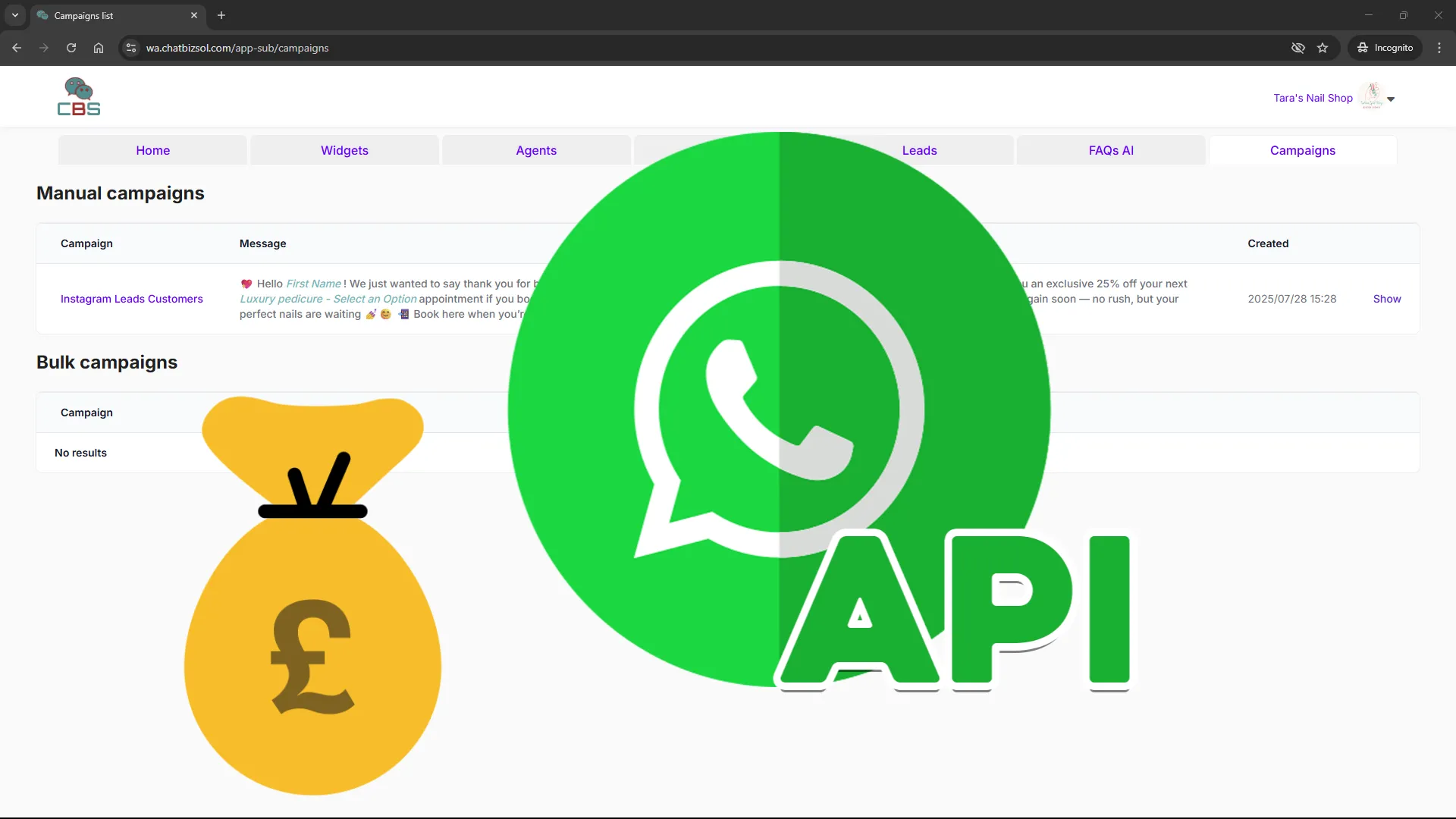 WhatsApp API campaigns management interface screenshot